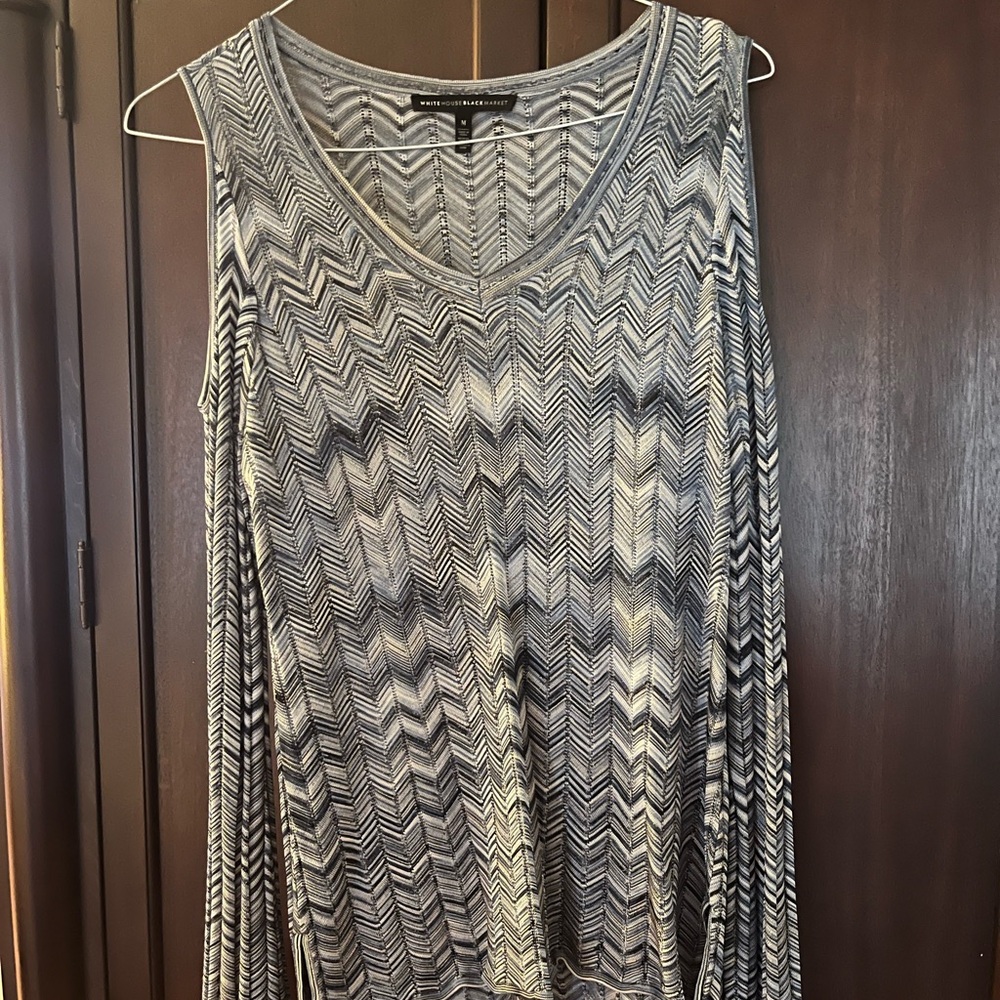 Navy, Silver, and black Chevron peek-a-boo shoulder Top with bell sleeves
